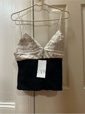 Zara Two-Tone Ruched Bust Tank Top - Black & Cream